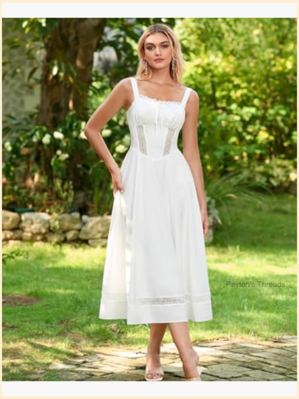 Corset Midi Wedding Guest Dress with Lace A-Line Flowy Smocked Back - Picture 2 of 6